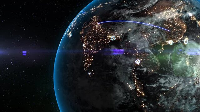 Night planet with connecting lines linking different cities. Concept of data exchange, information dissemination, global digital network, data transmission, international trade. Air travel routes. 4k 