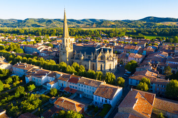 Aerial view of Mirepoix commune in Haute-Garonne department, southwestern France