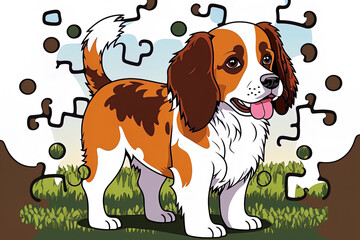 Game kid style cartoon puzzle clipart with a white backdrop symbol avatar bright simple, character home dog friend nature farm decorating package stickers. Generative AI