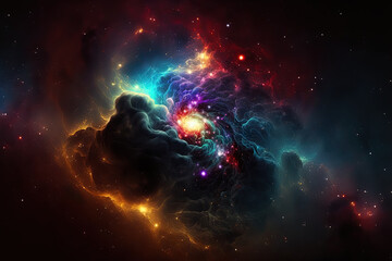 Black background with multicolored fractal nebula dust. Generative AI