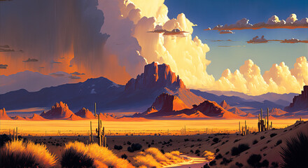 Painting of desert landscape by generative AI - obrazy, fototapety, plakaty