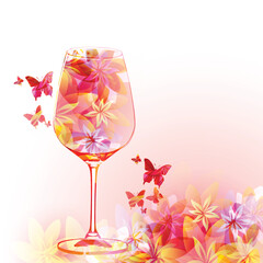 Elegant wine glass with flowers. Floral aroma wine in goblet. Colorful stemware with alcoholic beverage for celebrations. Floral wine flavour in glassware for special occasions. Degustation events. - 559617260