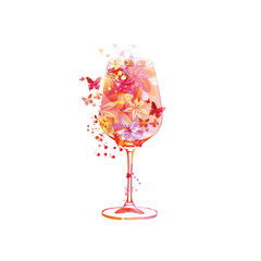 Elegant wine glass with flowers. Floral aroma wine in goblet. Colorful stemware with alcoholic beverage for celebrations. Floral wine flavour in glassware for special occasions. Degustation events.