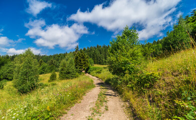 Fototapeta na wymiar Beskid Wyspowy, okolice Szczawy, pejzaż górski z drogą polną