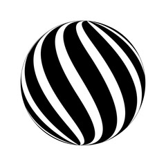 Spherical shape with twisted black and white stripes. 3D sphere model. Modern ball with vortex pattern isolated on white background. Globe figure