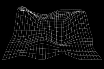 White terrain wireframe on black background. Grid perspective deformation. Meshed relief structure. Distorted lattice texture. Vector graphic illustration