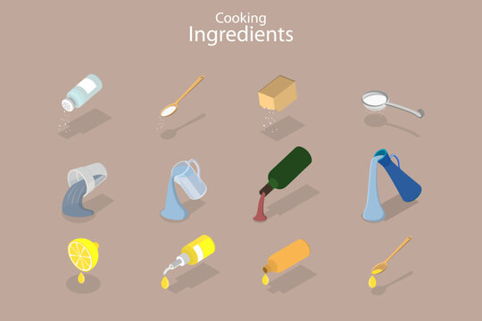 3D Isometric Flat Vector Conceptual Illustration of Cooking Ingredients, Culinary Food Icons