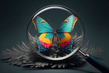 Butterfly with brightly coloured wings under a magnifying glass, Generative AI