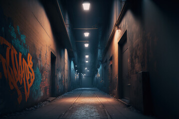 Empty dark street with graffiti on the wall, Generative AI