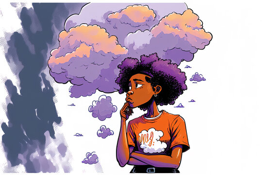 pensive black girl perched on clouds, her hand supporting her face. Young woman with dark hair who is dressed casually in a purple t shirt, blue trousers, orange sneakers, white socks, and a hat. illu