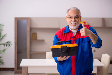Old male carpenter working indoors