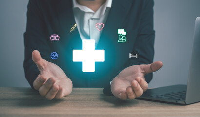  Man hand holding plus icon  for the healthcare medical icon. health insurance health concept access to welfare health and copy space