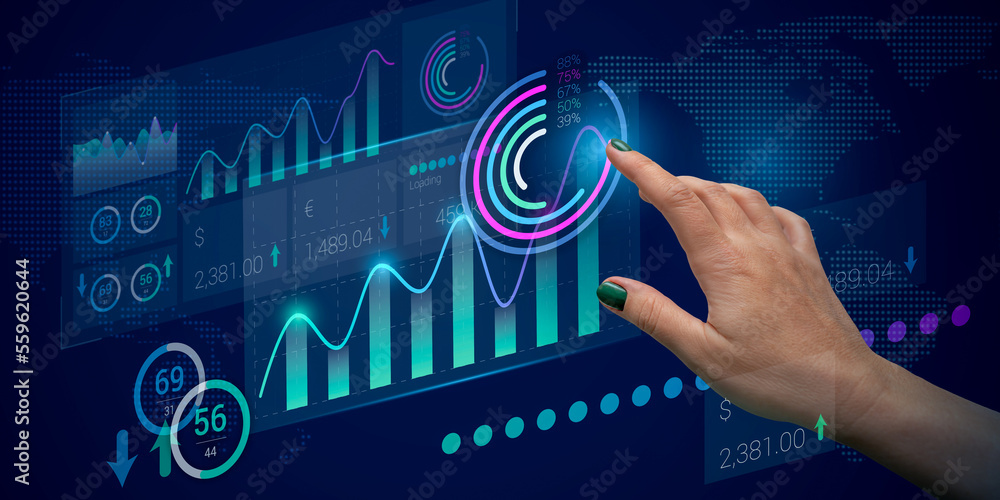 Aufkleber analysis of the client base, internet marketing, and increasing sales. manager's hand and abstract c