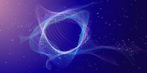 Abstract Particle Technology Background. Big Data, Network connection structure, Data transfer on dark blue abstract cyberspace background. © LariBat