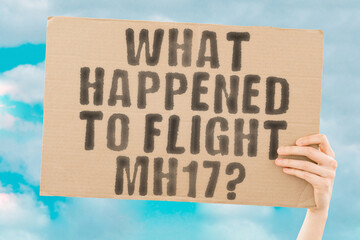 The question " What happened to flight MH17? " is on a banner in men's hands with blurred background. Horror. Force. Flying. Investigation. Jet. Journalist. Large. Burning. Airport. Rocket. Weapon