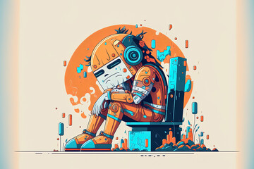 Future technology development artificial intelligence flat cartoon style artwork unhappy robot grief sitting in despair on the floor anxious cyborg losing job. Generative AI