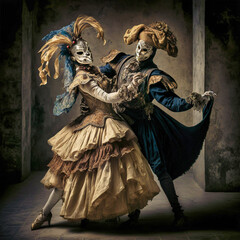 Couple dancing, wearing Venetian masks