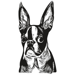 Boston Terrier dog hand drawn vector line art drawing black and white logo pets illustration