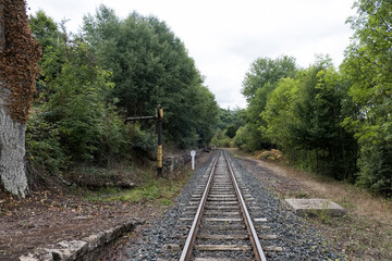 Fototapeta premium Train station in Montesclaros, Cantabria, Spain. Train tracks in perspective. charming landscape 