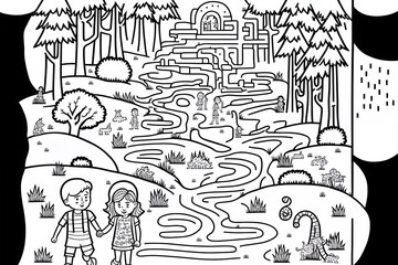 Children's summer camp labyrinth in black and white. Printable Christmas activity for preschoolers that is active. Labyrinth game or coloring sheet for a family road trip including adorable hikers, a