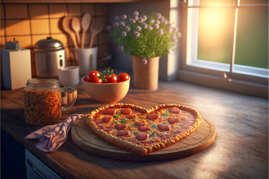 Heart Shaped Valentine's Day Pepperoni Pizza on Wood Cutting Board in Warm Kitchen Scene - Generative AI.- Generative AI.