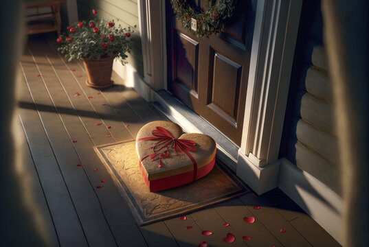Heart Shaped Package Resting On Welcome Mat At Front Door of House - Generative AI.
