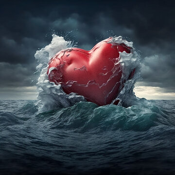 Large Red Heart Precariously Drifting In Tumultuous Ocean on Stormy Day - Generative AI.