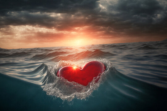 Large Red Heart Precariously Drifting In Tumultuous Ocean on Stormy Day - Generative AI.