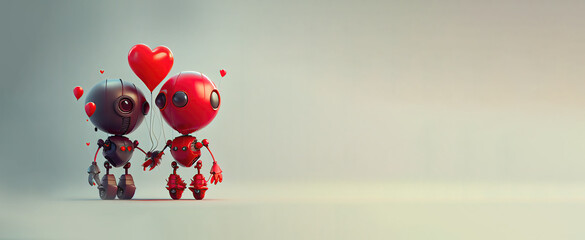 Whimsical robots in love holding red heart shaped balloons on the valentine's day. Card, board. copyspace. Generative AI.