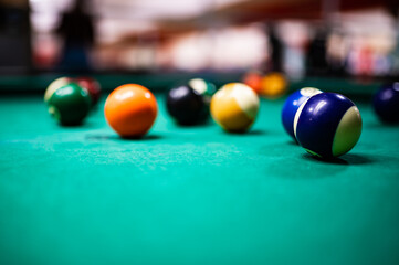 Closeup shot of billiard balls on a pool table