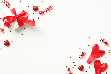 Happy Valentines Day card template. Frame made of gift boxes with red ribbon bow, party streamers and confetti in corners. Love, romance concept.