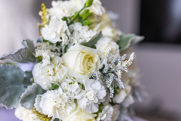 Beautiful wedding bouquet white flowers close up