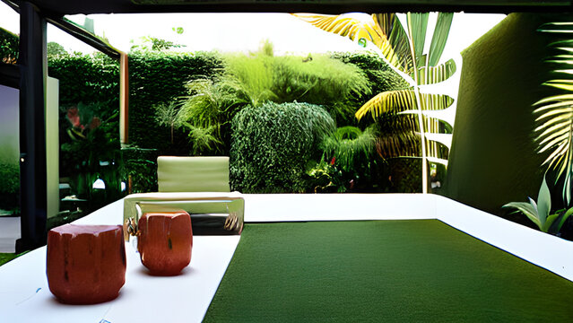 monstera deliciosa and other tropical plants, dreamy space for conversation pit, micelio and wood for the floor, begonia rex, sedums, bauhaus futuristic furniture and funny decoration, generative ai