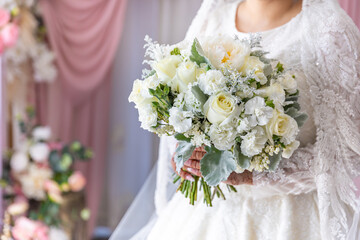 Beautiful wedding bouquet white flowers close up