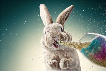 Happy New Year, 2023, Chinese New Year, Zodiac Sign, Lunar New Year, Year of the Rabbit, Bunny drinks Champagne to Celebrate the New Year, Blue, Gold, Space for Text, Generative AI