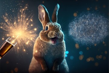 Happy New Year, 2023, Chinese New Year, Zodiac Sign, Lunar New Year, Year of the Rabbit, Bunny drinks Champagne to Celebrate the New Year, Blue, Gold, Space for Text, Generative AI