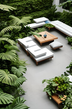monstera deliciosa and other tropical plants, dreamy space for conversation pit, micelio and wood for the floor, begonia rex, sedums, bauhaus futuristic furniture and funny decoration, generative ai