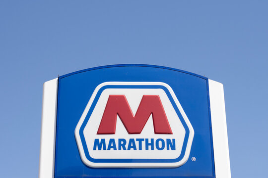 Washington, DC, USA - June 20, 2022: Marathon logo is seen at one of its gas stations in Washington, DC. Marathon Petroleum Corporation is an American petroleum refining and marketing company.