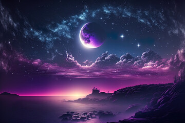 Fototapeta na wymiar Sky with stars falling nebula purple lilac blue hazy seascape at sunset in the summer with stunning clouds. Generative AI