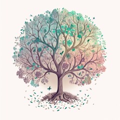 Delicate tree of life, light pastel colors, fallen leaves, generative AI