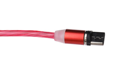 Red USB type C cable isolated on white. Modern technology