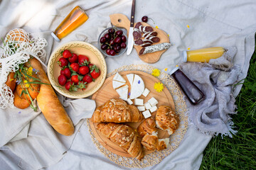 Picnic in the field with berries, juice, cheese, sausage and sweet croissants