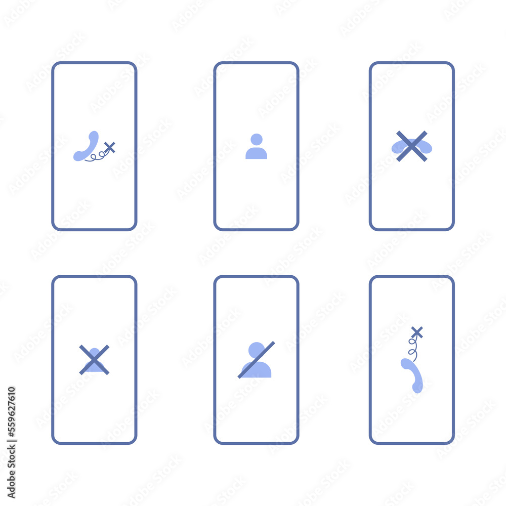 Poster no signal or lost connection. set of illustrations with different icons on a phone