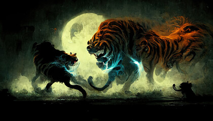 Night predator in the form of a lion with the body of a tiger,  Wild Abstract Image