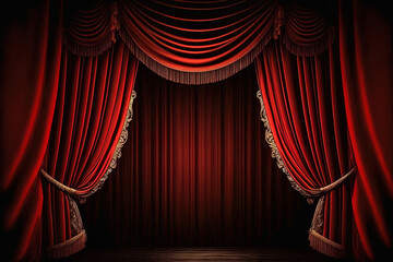 Red curtains for the magic theater stage Display Spotlight. Generative AI