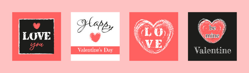 Set of Happy Valentine's Day cards with heart. Hand drawn red, white and black design elements. Vector illustration in flat style. Cute love poster, social posts, gift or greeting cards, stickers.
