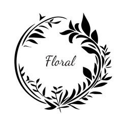 Floral vector wreath art deco ornate, black and white wedding circle border, frame, flourish nature motif