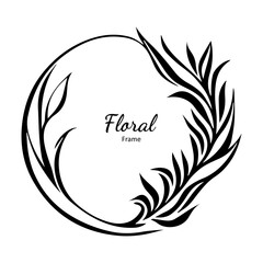 Floral vector wreath art deco ornate, black and white wedding circle border, frame, flourish nature motif