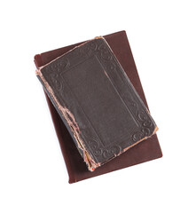 Old hardcover books isolated on white, top view
