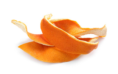 Fototapeta premium Pile of dry orange peels on white background